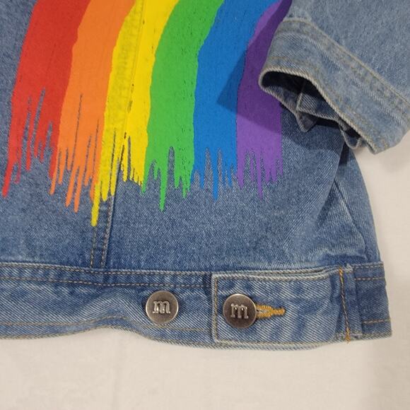 M&M Rainbow Vibes Denim Jean Jacket Large Pride Distressed - Picture 9 of 16